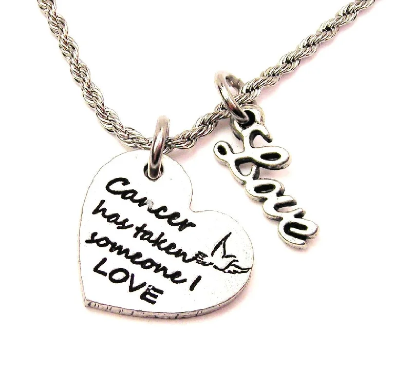 personalized initial necklaces -Cancer Has Taken Someone I Love 20" Chain Necklace With Cursive Love Accent