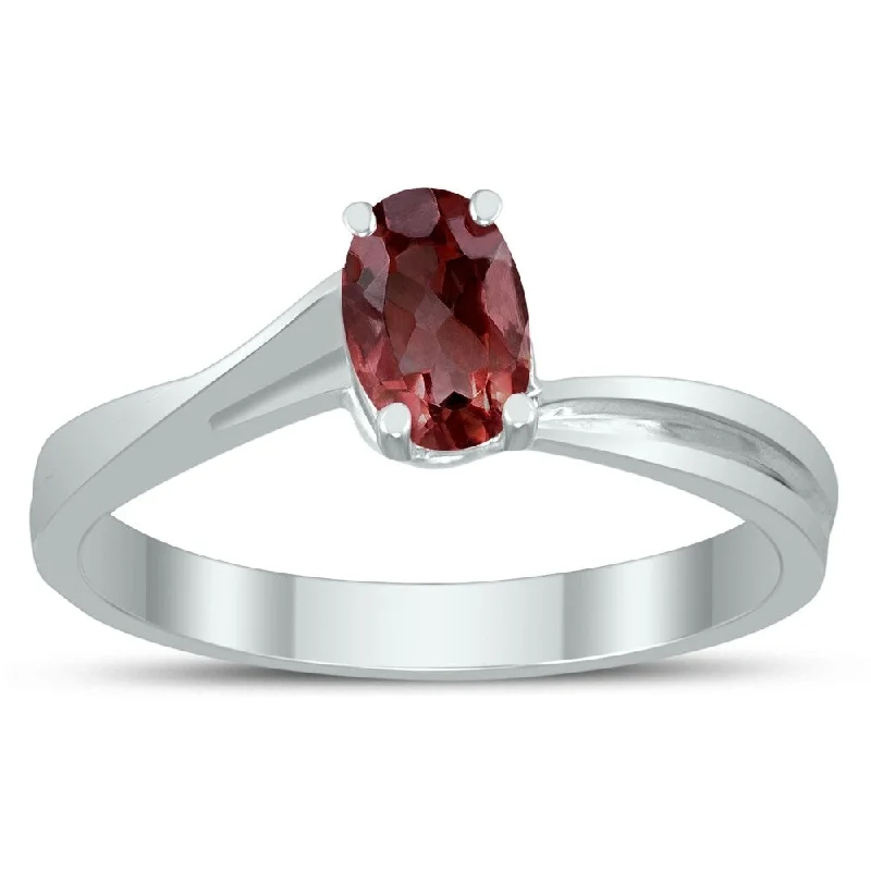 Solitaire Oval 6X4MM Garnet Gemstone Twist Ring in 10K White Gold