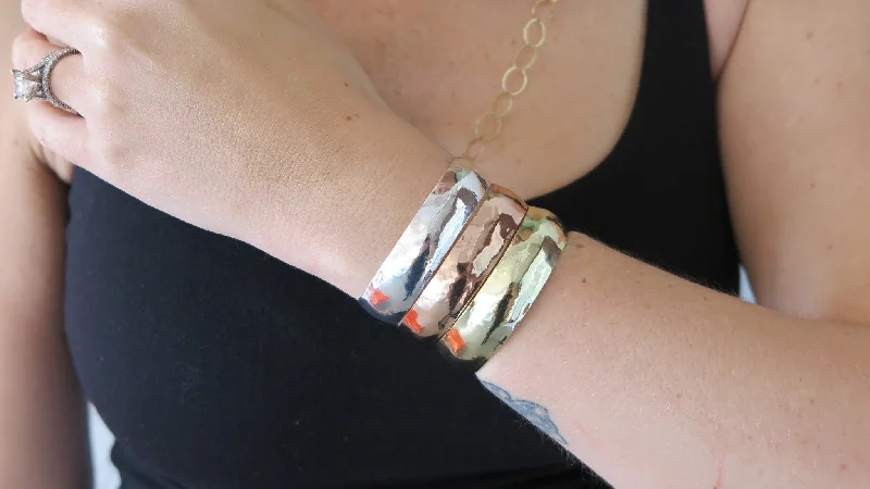 women's silver bracelets -Thin Silver, Gold, Rose Hammered Cuff Set