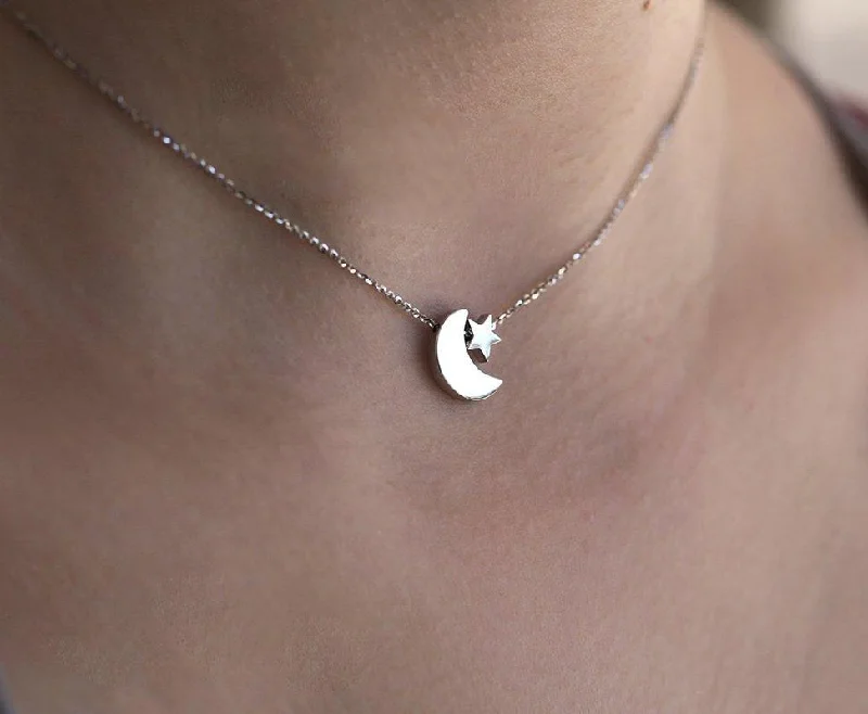 romantic necklaces for women -White Gold Necklace Moon Star