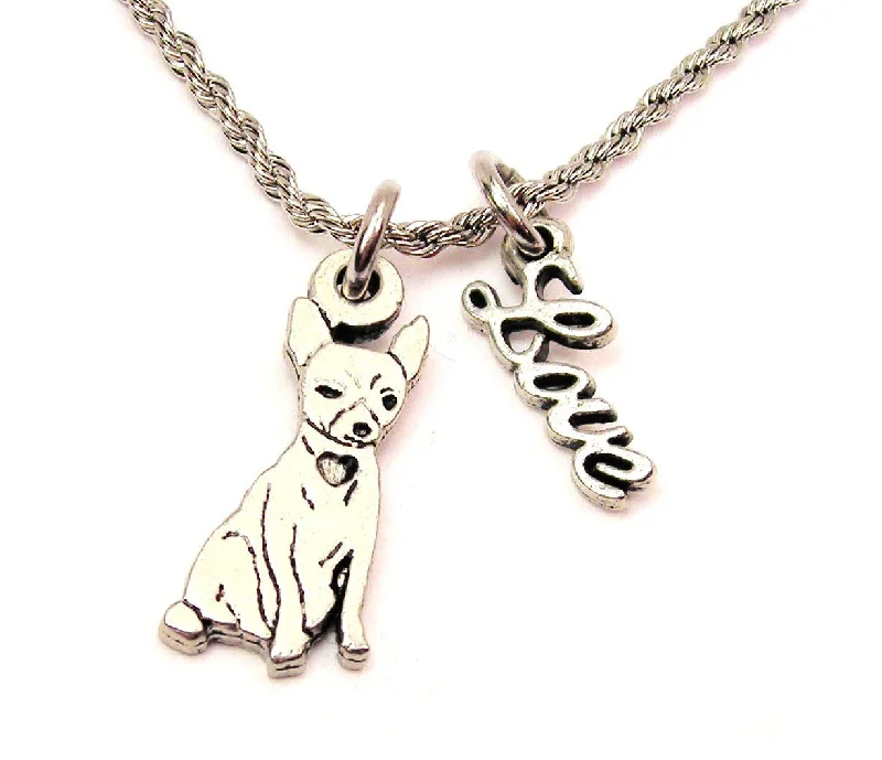 bridal choker necklaces -Sitting Chihuahua 20" Chain Necklace With Cursive Love Accent