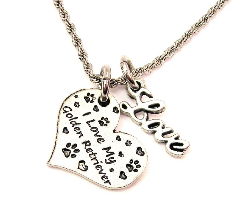 statement necklaces for women -I Love My Golden Retriever 20" Chain Necklace With Cursive Love Accent