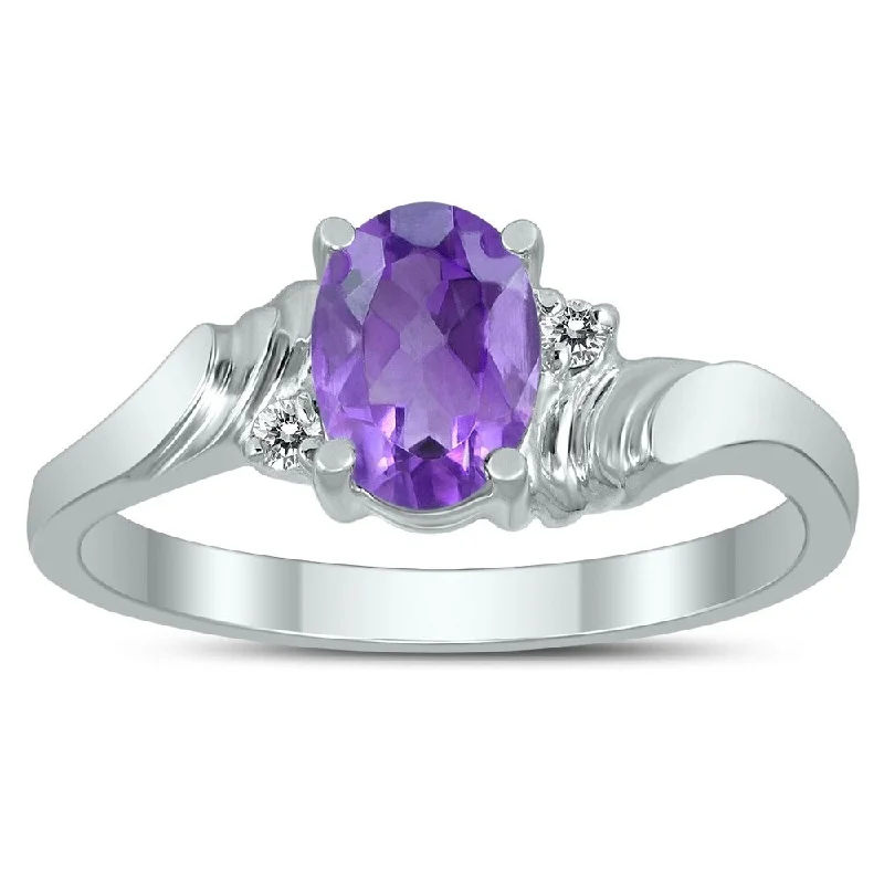 7X5MM Amethyst and Diamond Wave Ring in 10K White Gold