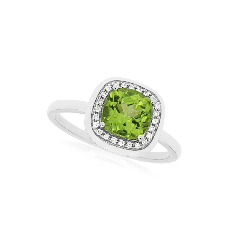 Cushion Peridot and Diamond Halo Ring