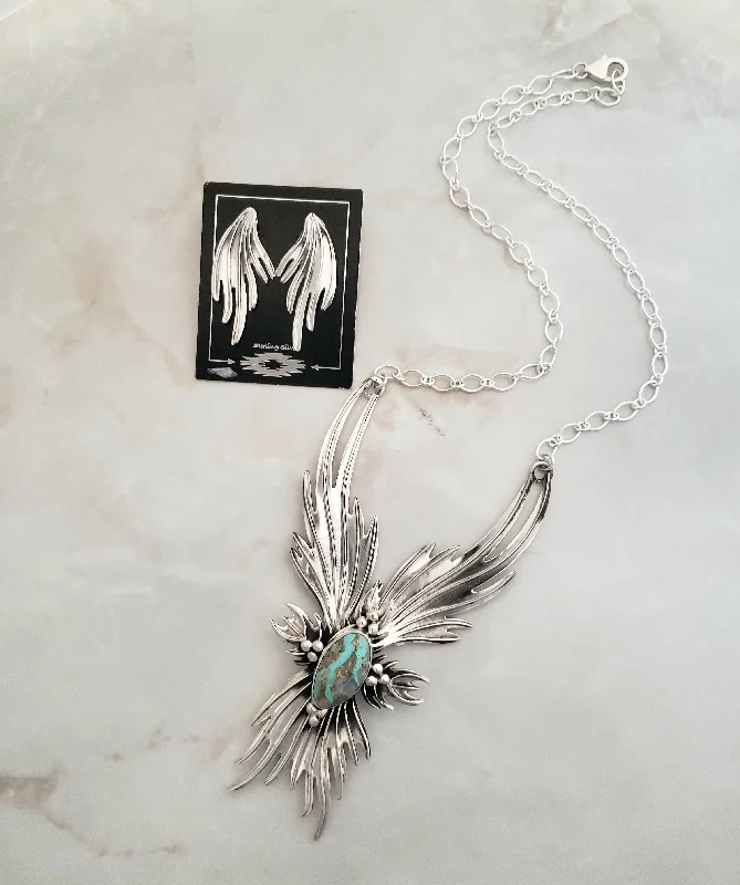 boho necklaces for women -Stamped Sterling Silver Turquoise Feather Necklace & Earring Set