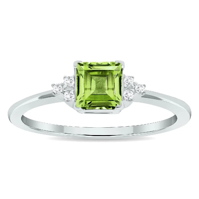 Women's Princess Cut Peridot and Diamond Half Moon Ring in 10K White Gold