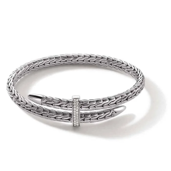 modern bangles for women -John Hardy Spear Diamond Pavé Flex Cuff in Sterling Silver - Size Medium