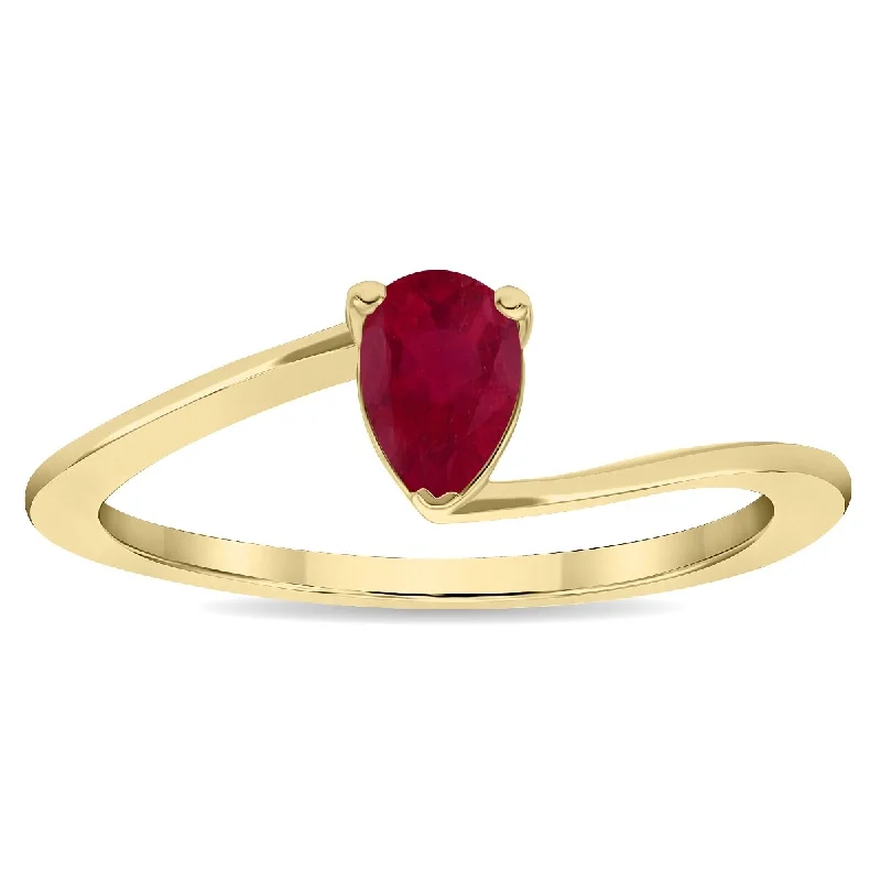 Women's Solitaire Pear Shaped Ruby Wave Ring in 10K Yellow Gold