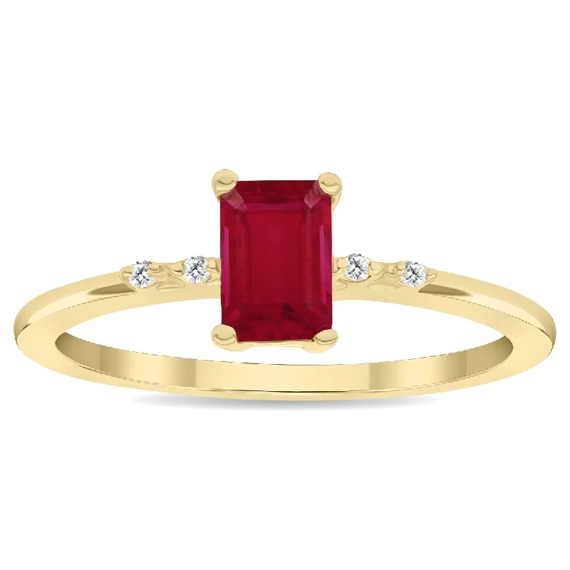 Women's Emerald Cut Ruby and Diamond Sparkle Ring in 10K Yellow Gold