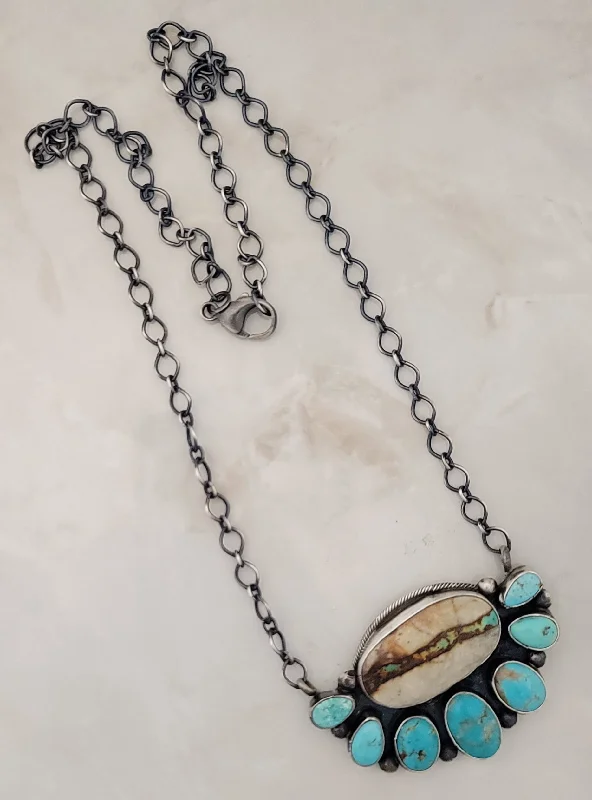 birthday gift necklaces for women -Sterling Silver Sonoran & Boulder Turquoise Half Cluster Adjustable Necklace