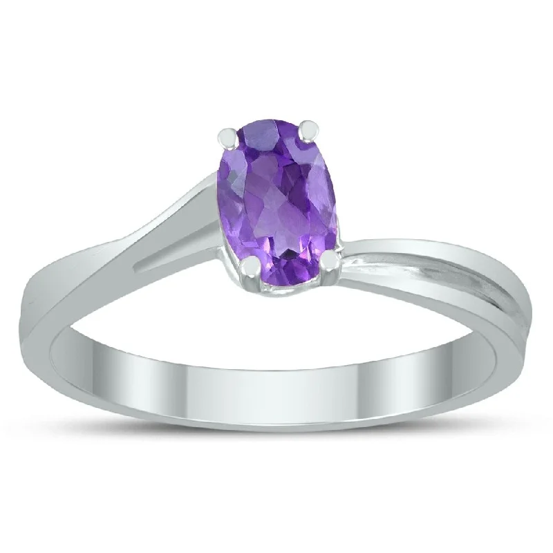 Solitaire Oval 6X4MM Amethyst Gemstone Twist Ring in 10K White Gold