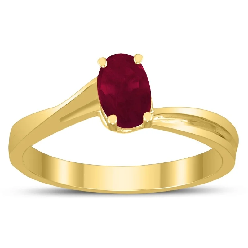 Solitaire Oval 6X4MM Ruby Gemstone Twist Ring in 10K Yellow Gold