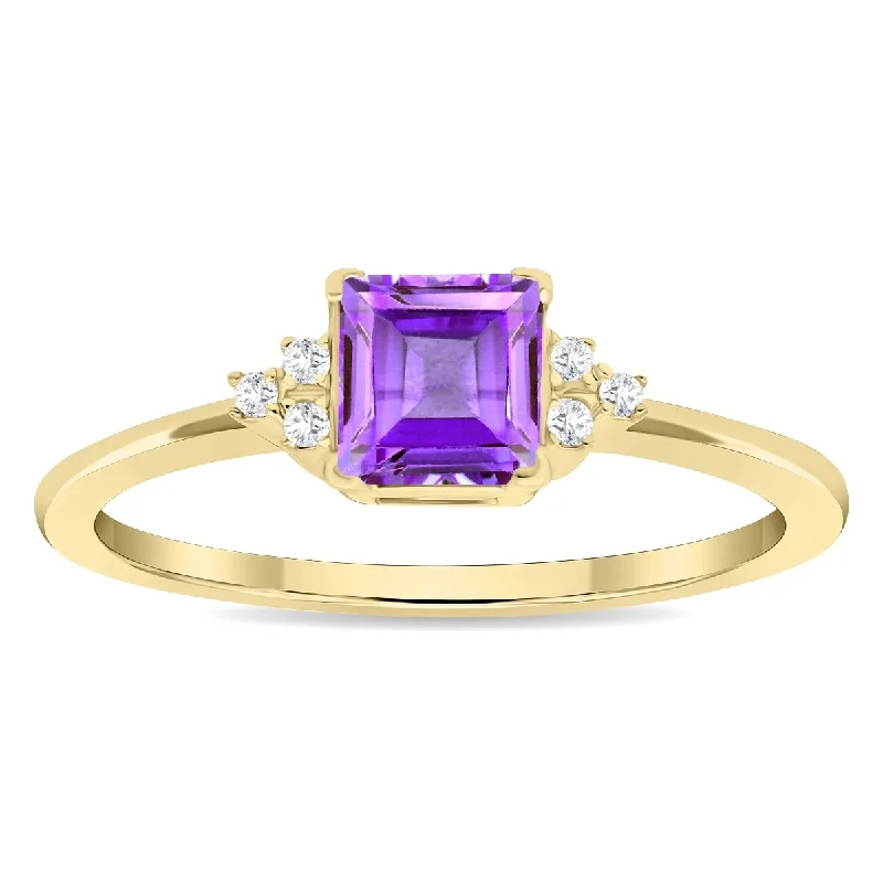 Women's Square Shaped Amethyst and Diamond Half Moon Ring in 10K Yellow Gold