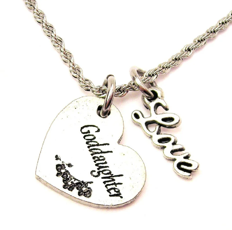 short necklaces for women -Goddaughter Heart 20" Chain Necklace With Cursive Love Accent