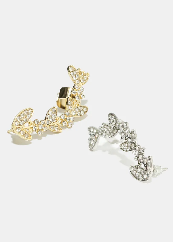 thick bangles for women -Rhinestone Leaf Earcuff