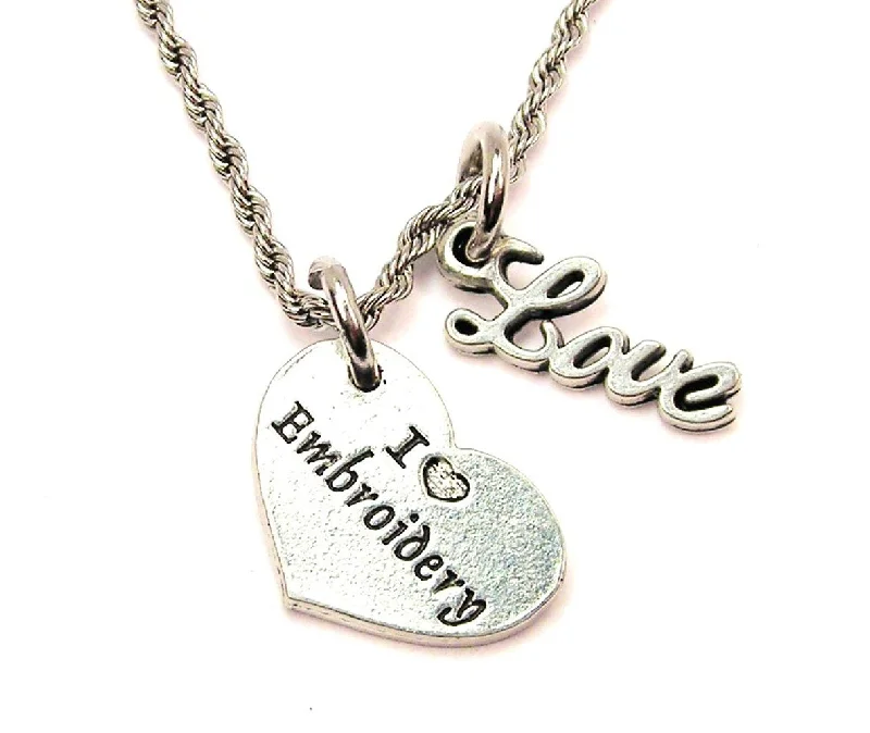 anniversary gift necklaces for women -I Love Embroidery 20" Chain Necklace With Cursive Love Accent