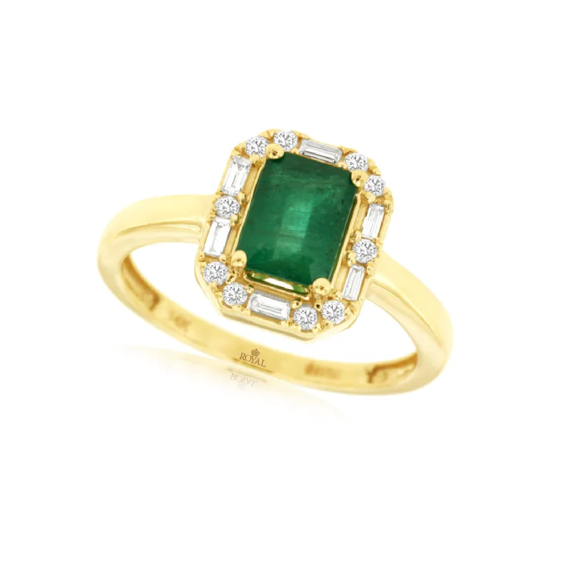 Emerald and Baguette and Round Diamond Halo Ring