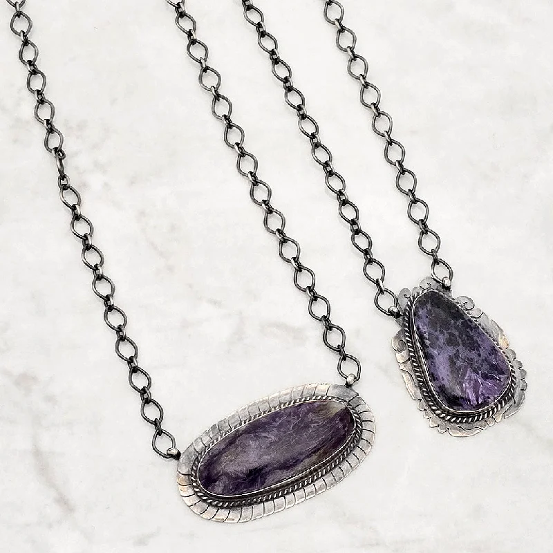 boho necklaces for women -Stamped Sterling Silver Purple Charoite Bar Style Necklace