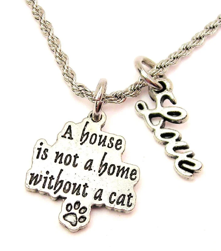 vintage gold necklaces for women -A House Is Not A Home Without A Cat 20" Chain Necklace With Cursive Love Accent