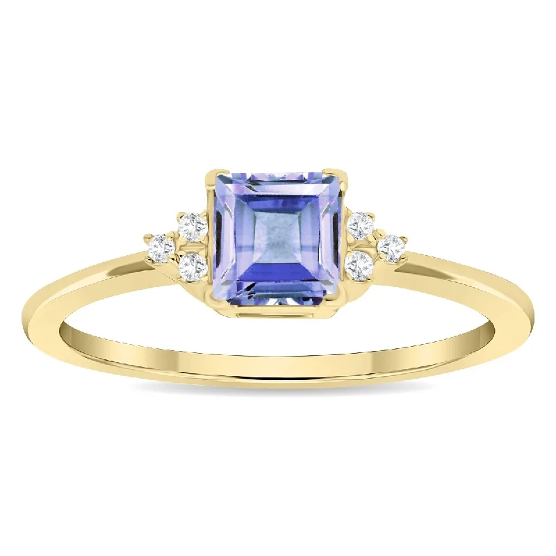 Women's Square Shaped Tanzanite and Diamond Half Moon Ring in 10K Yellow Gold