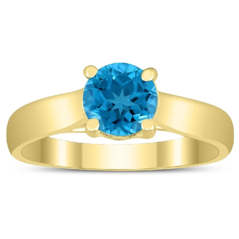 Round 6MM Blue Topaz Cathedral Solitaire Ring in 10K Yellow Gold