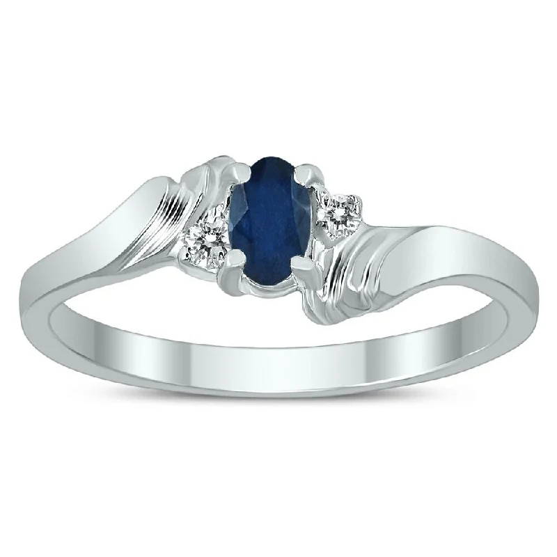 5X3MM Sapphire and Diamond Wave Ring in 10K White Gold