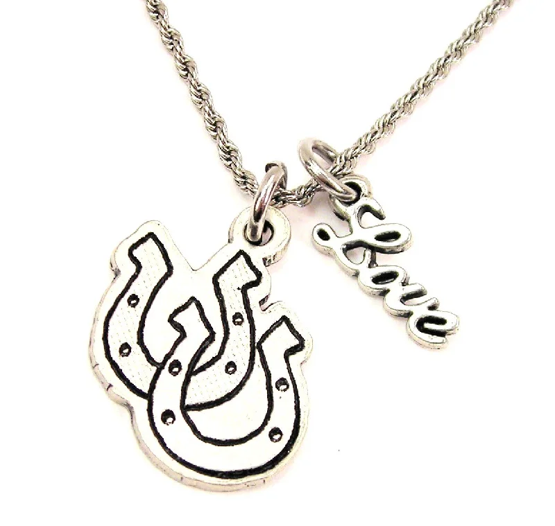 anniversary necklaces for women -Pointed Double Horseshoes 20" Chain Necklace With Cursive Love Accent