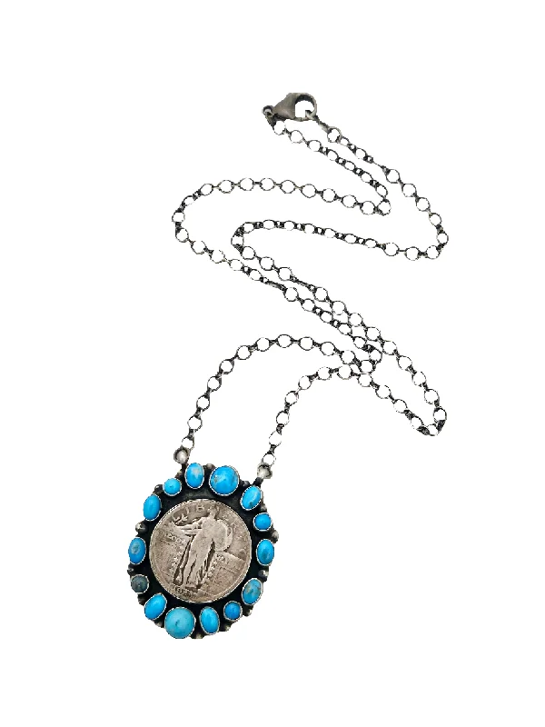 custom name necklaces for women -Stamped Sterling Silver Turquoise Standing Liberty Quarter Coin Necklace