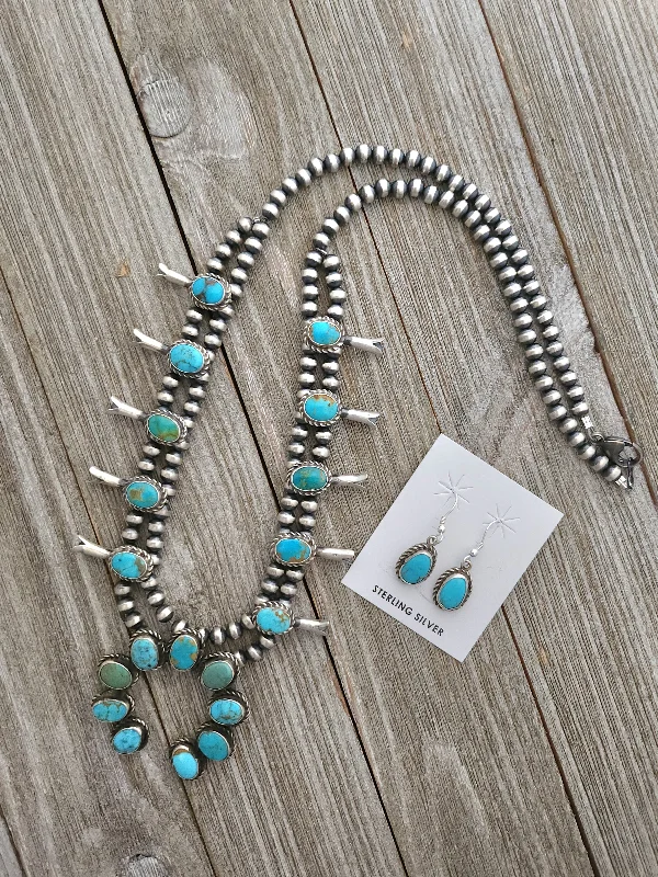 stylish necklaces for women -Stamped Sterling Silver Turquoise Naja Squash Blossom Necklace & Earring Set