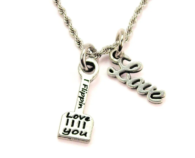 simple chain necklaces for women -I Flippin Love You Spatula 20" Chain Necklace With Cursive Love Accent