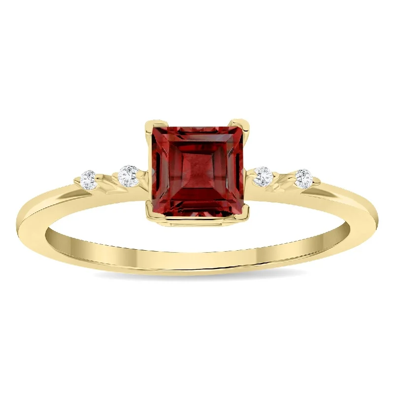 Women's Square Shaped Garnet and Diamond Sparkle Ring in 10K Yellow Gold