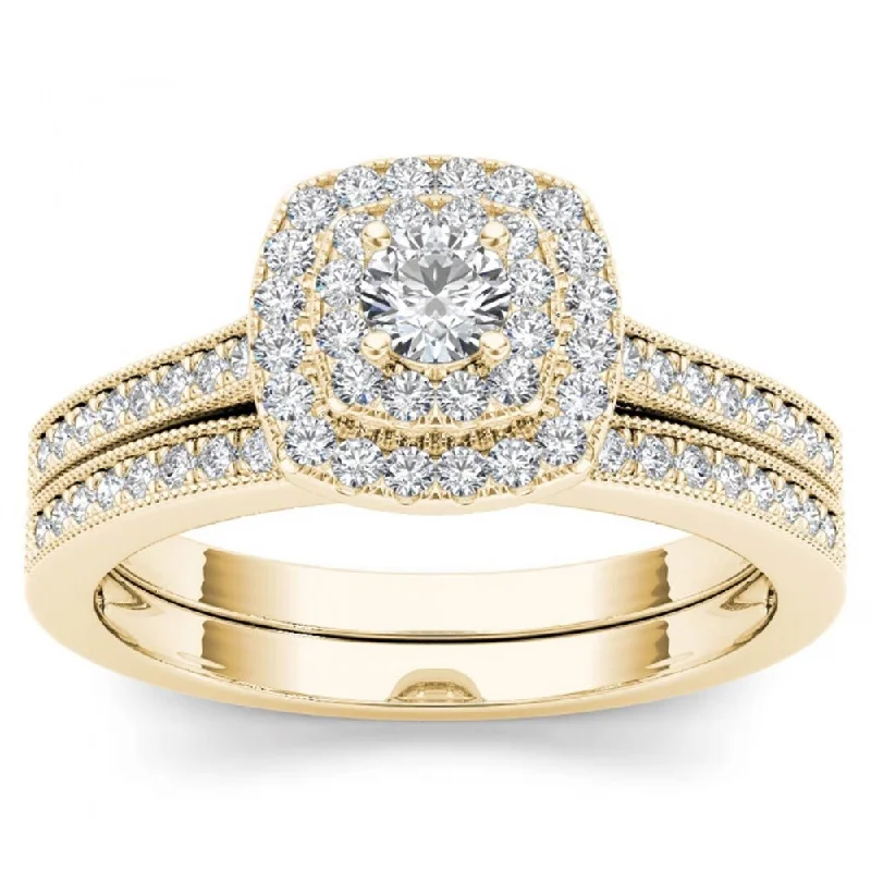 De Couer IGI Certified 14k Yellow Gold 1/2ct TDW Diamond Double Halo Bridal Ring Set