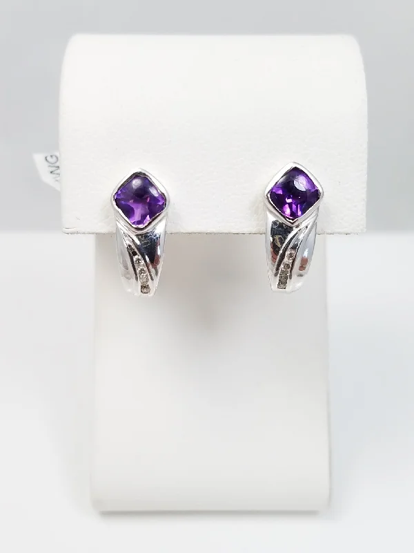 luxury diamond wedding rings -long drop earrings for women -New from Store Closing! 14k White Gold Natural Amethyst + Diamond Huggie Earrings