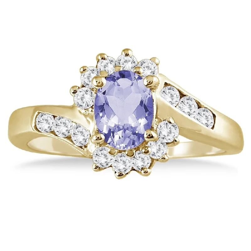 1 Carat Tanzanite and Diamond Flower Twist Ring in 14K Yellow Gold