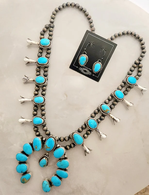 birthstone necklaces for women -Stamped Sterling Silver Turquoise Naja Squash Blossom Necklace & Earring Set