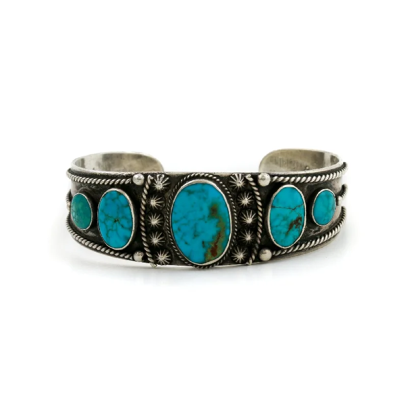 plain gold bangles for women -Antique 1950's Navajo Row Cuff x Blue Gem Turquoise