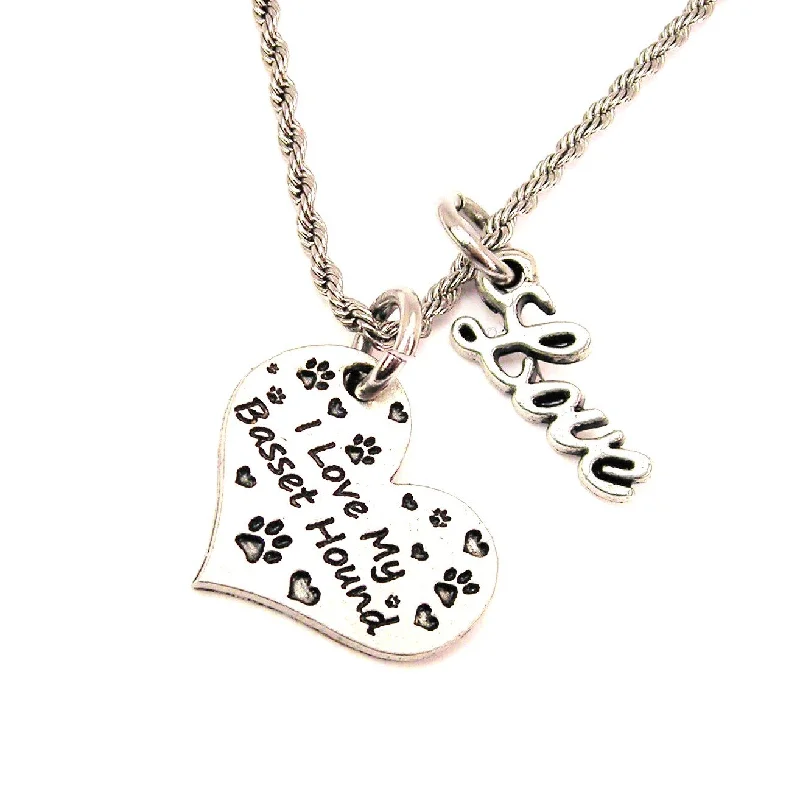 diamond pendant necklaces for women -I Love My Basset Hound 20" Chain Necklace With Cursive Love Accent