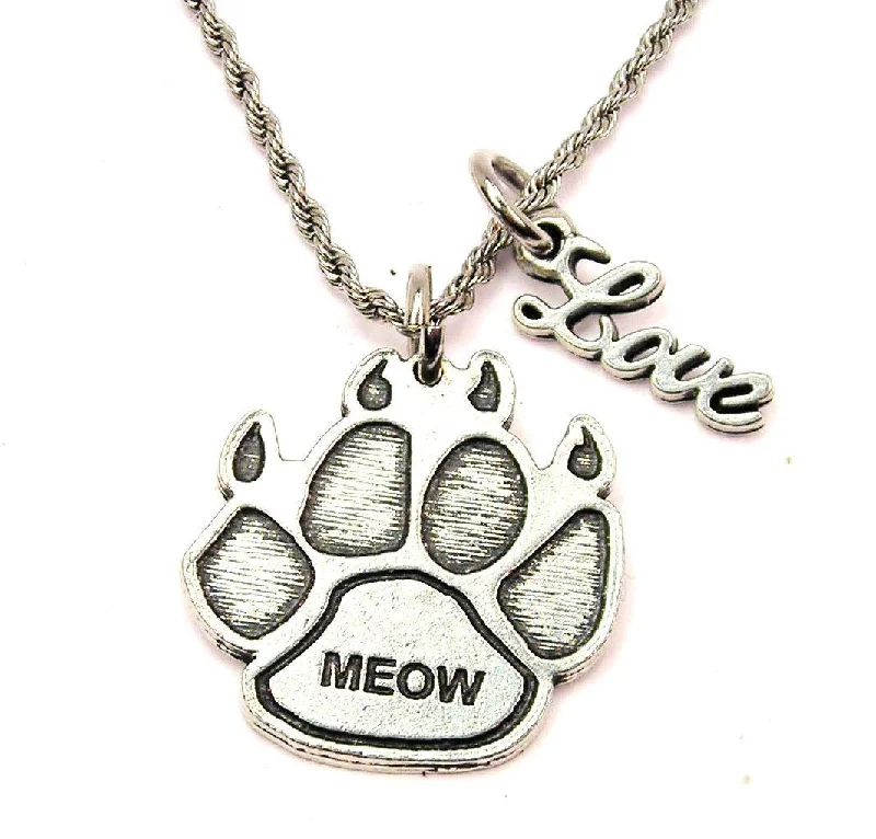 bohemian necklaces for women -Meow Paw Print 20" Chain Necklace With Cursive Love Accent