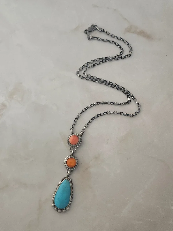 short necklaces for women -Stamped Sterling Silver Turquoise & Spiny Oyster Necklace