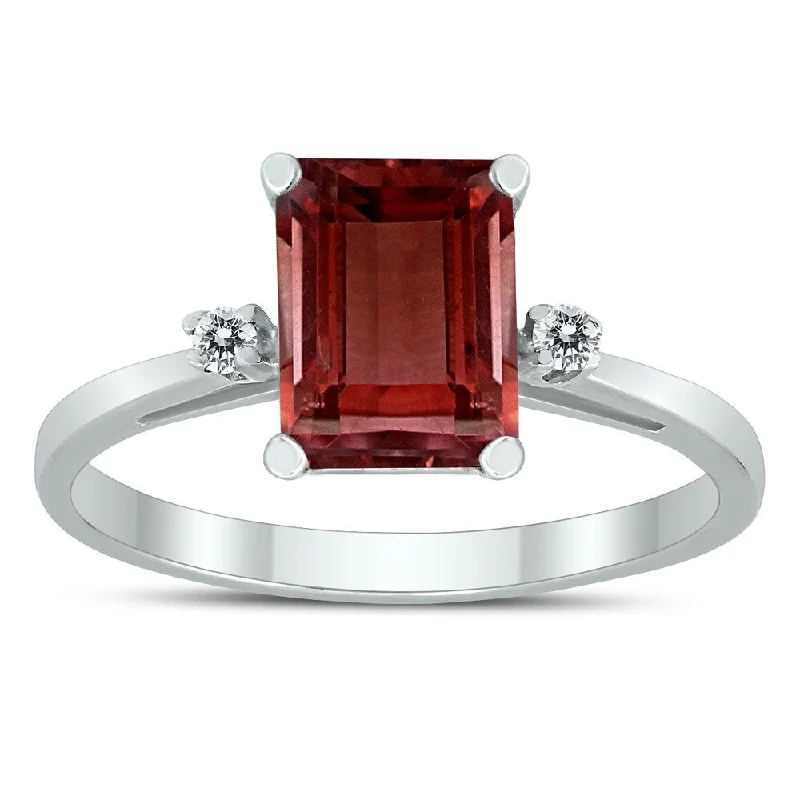 Emerald Cut 8X6MM Garnet and Diamond Three Stone Ring in 10K White Gold