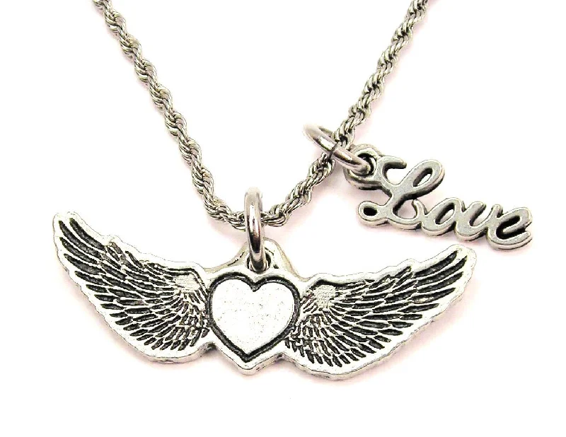 floral necklaces for women -Heart With Wings 20" Chain Necklace With Cursive Love Accent