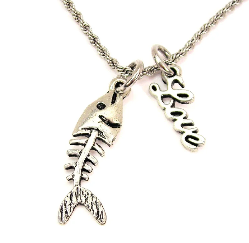 sterling silver necklaces for women -Fish Bones 20" Chain Necklace With Cursive Love Accent