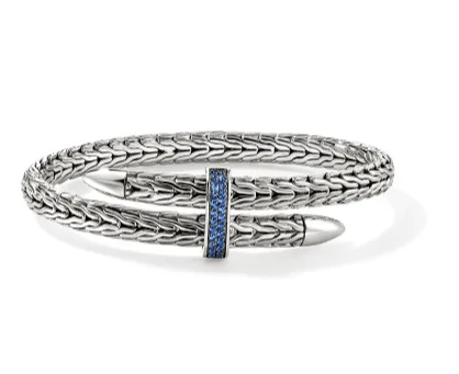 cuff bracelets for women -Spear Silver Bypass 5.5mm Flex Cuff with Sapphire Sz M by John Hardy