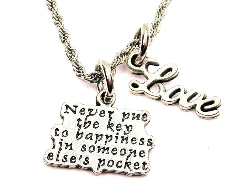 vintage necklaces for women -Never Put The Key To Happiness In Someone Else's Pocket 20" Chain Necklace With Cursive Love Accent