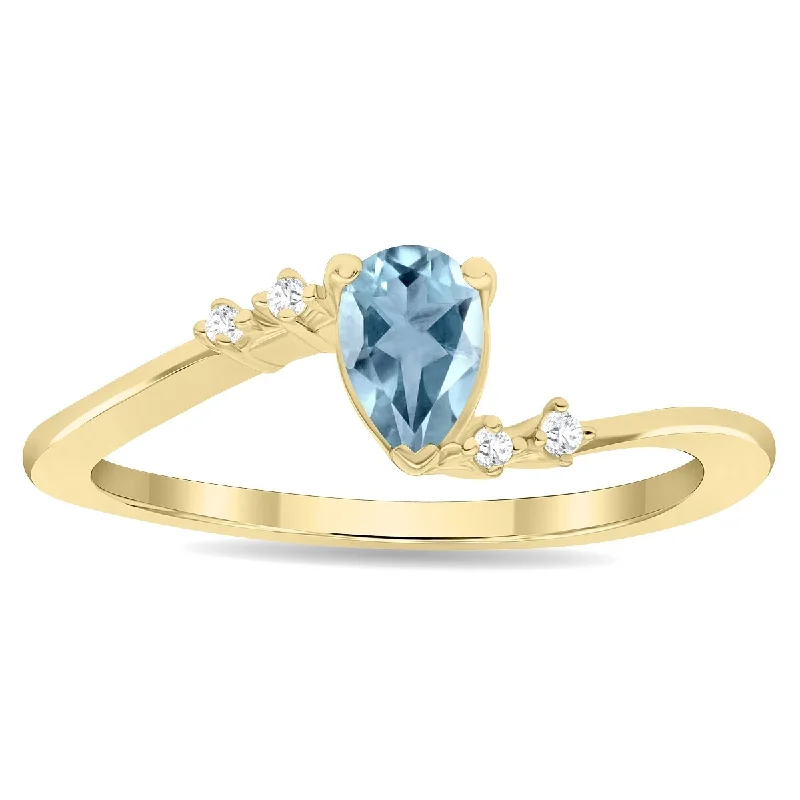 Women's Pear Shaped Aquamarine and Diamond Wave Ring in 10K Yellow Gold