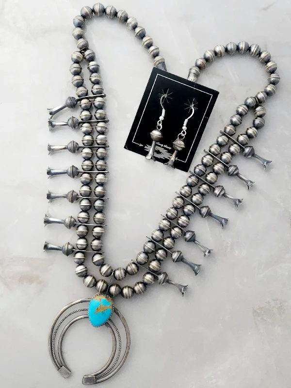 crystal necklaces for women -Phil Garcia Sterling Silver Oxidized Turquoise Squash Blossom Necklace & Earring Set