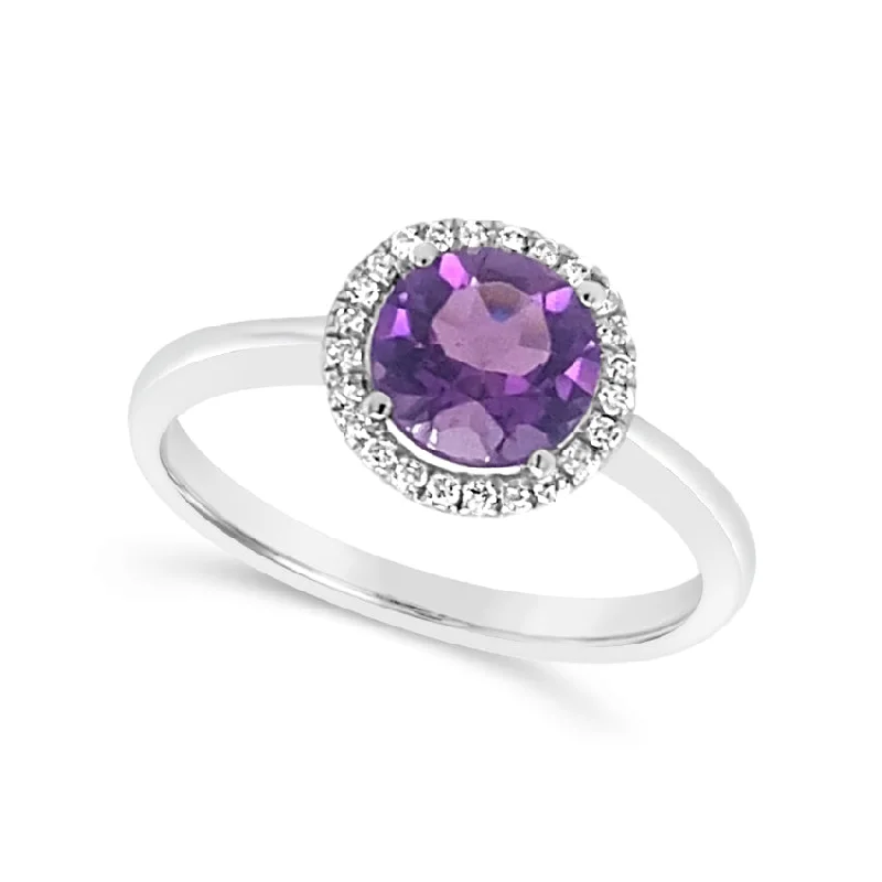 Round Amethyst and Diamond Halo Ring