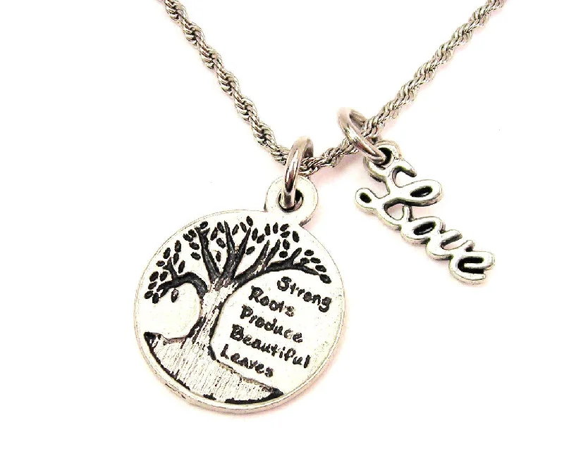 stylish necklaces for women -Strong Roots Produce Beautiful Leaves 20" Chain Necklace With Cursive Love Accent