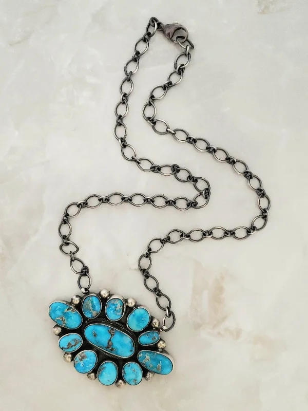 floral necklaces for women -Stamped Sterling Silver Turquoise Cluster Necklace