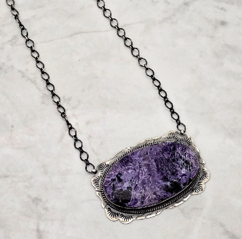 vintage necklaces for women -Stamped Sterling Silver Charoite Bar Style Necklace